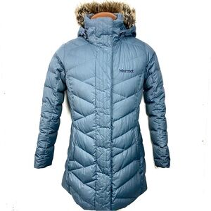 MARMOT Women’s Storm Cloud Blue Varma Long 700 Down Fill Power Hooded Coat M